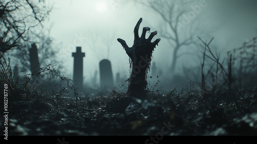 The Awakening Grave: Write about a chilling scene in a foggy graveyard where a zombie hand suddenly bursts through the soil, reaching for freedom. Explore the reactions of onlooker