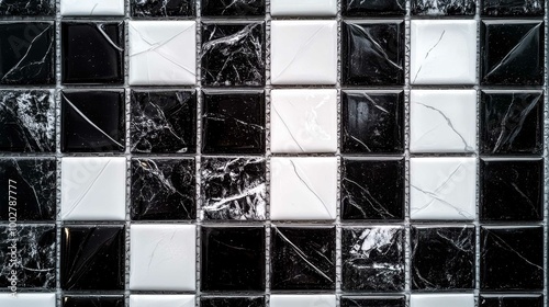 A sleek, black-and-white ceramic brick tile floor with a glossy finish.