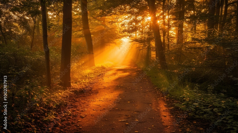 Obraz premium Golden Hour Pathway Through a Misty Forest