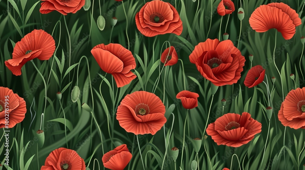 Obraz premium Vibrant Red Poppies Blooming in a Lush Green Field During Springtime Sunlight