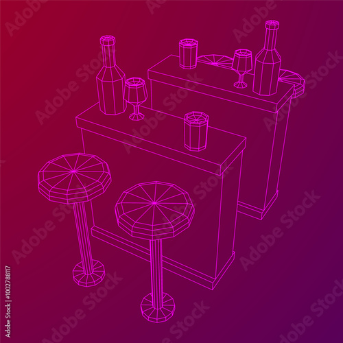 Bar counter with stools, bar top with bottles and glasses. Wireframe low poly mesh vector illustration.