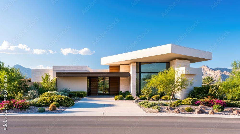 Fototapeta premium Contemporary home with sleek architecture, no people, clear sky, and room for copy