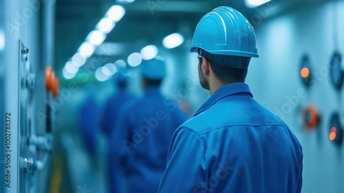 A worker in a blue uniform and helmet stands in a corridor, observing others in a similarly colored environment, emphasizing teamwork and safety.