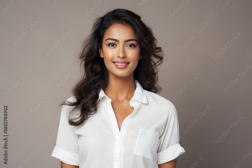 Portrait of a satisfied indian woman in her 20s wearing a simple cotton shirt isolated on blank studio backdrop Portrait of a satisfied indian woman in her 20s wearing a simple cotton shirt isolated on blank studio backdrop