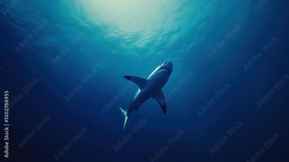 Obraz premium Shark Swimming in Deep Blue Ocean Waters