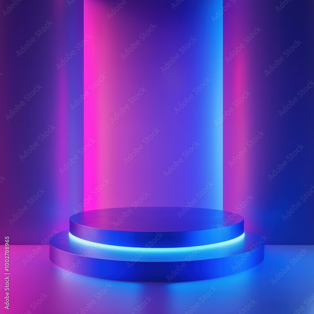 Neon-lit podium with vibrant gradient background Neon-lit podium with vibrant gradient background