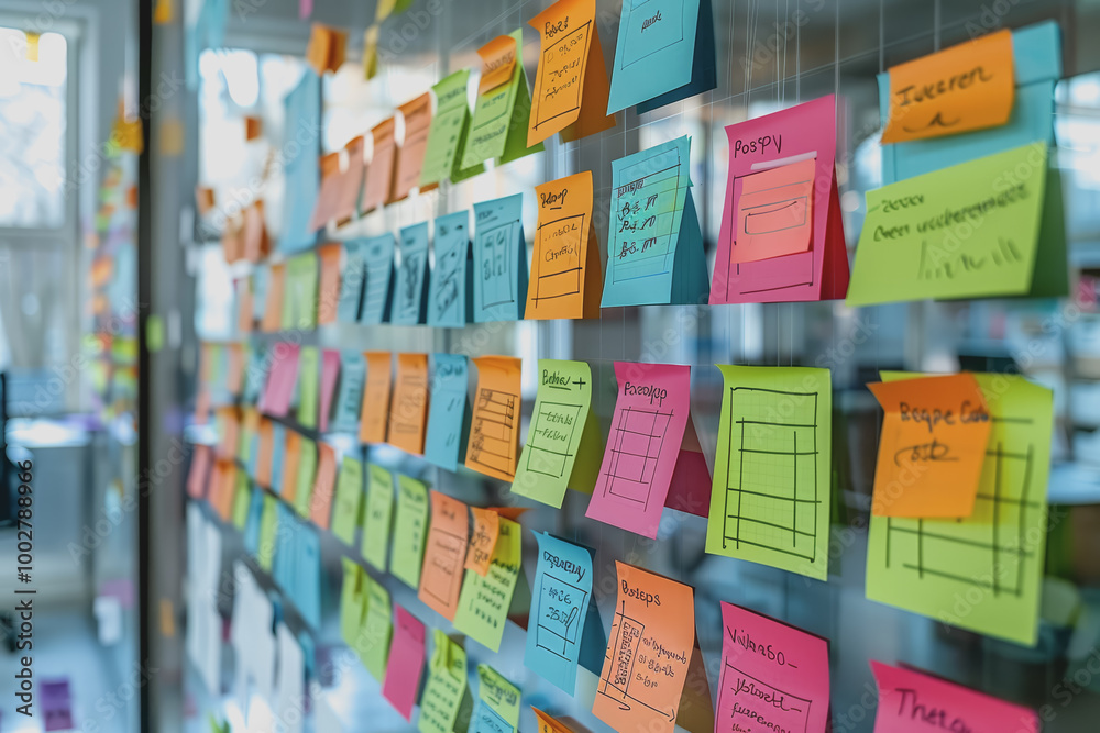 Obraz premium A board with post-it notes reporting work progress sits on a table in a modern office.