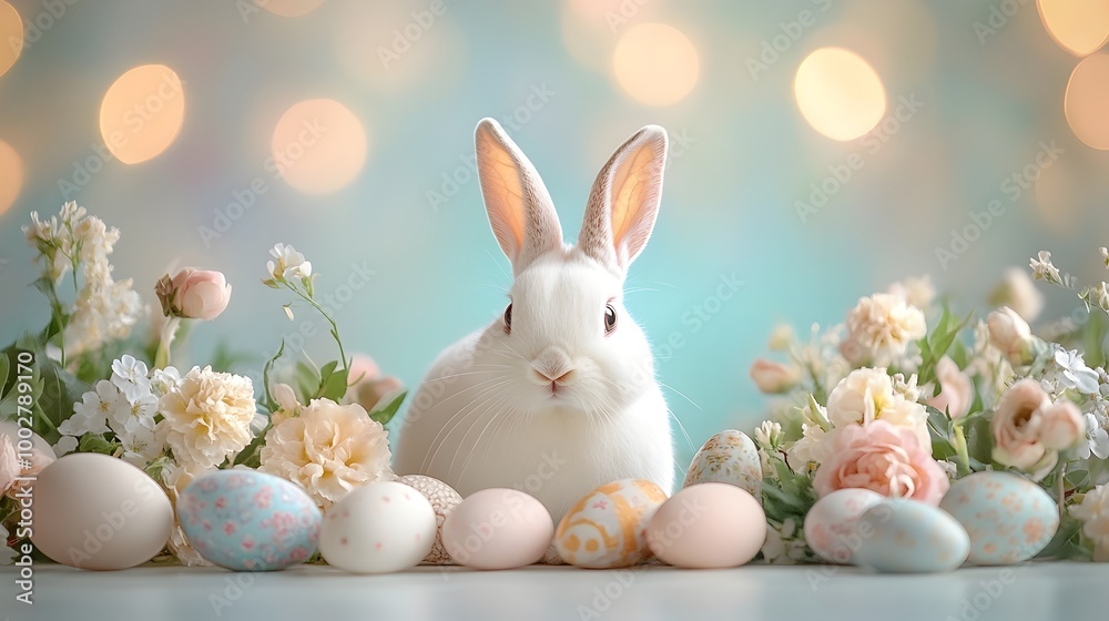 Peaceful Easter Bunny Scene with Soft Pastel Colors Blooming Flowers and Religious Symbols of Faith Peaceful Easter Bunny Scene with Soft Pastel Colors Blooming Flowers and Religious Symbols of Faith
