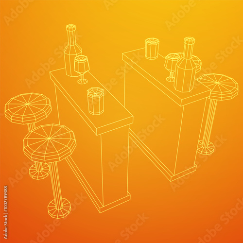 Bar counter with stools, bar top with bottles and glasses. Wireframe low poly mesh vector illustration.
