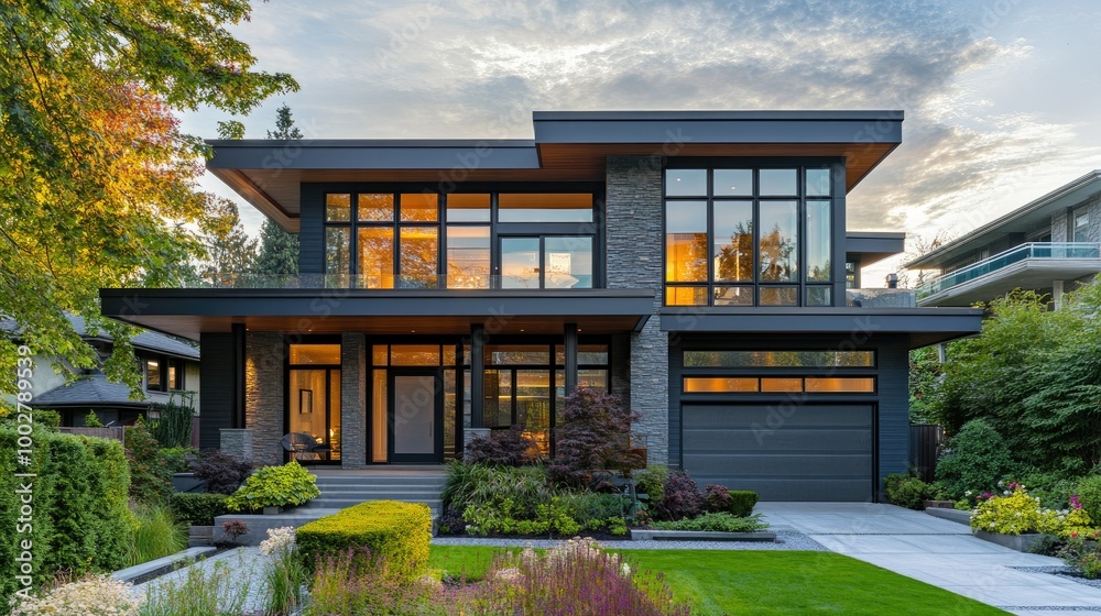 Fototapeta premium Elegant modern home with large windows in an urban neighborhood, ample copy space available
