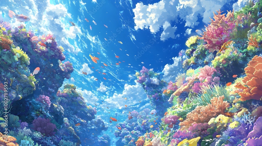 Fototapeta premium a vibrant and colorful illustration of an underwater scene. It depicts a coral reef with a variety of corals in different shapes and colors, including shades of orange, pink, purple, and green