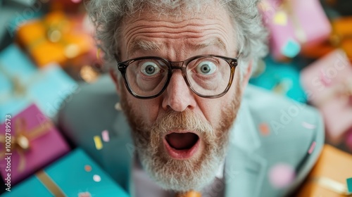 A surprised, gray-haired man is surrounded by colorful wrapped gifts and flying confetti, capturing a moment of astonishment and joyous celebration. photo