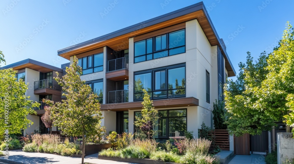 Elegant modern home with large windows in an urban neighborhood, ample copy space available Elegant modern home with large windows in an urban neighborhood, ample copy space available