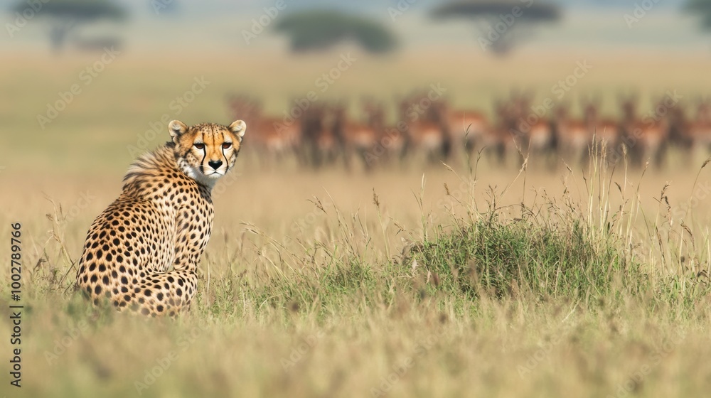 Cheetah in the Grassland with Antelopes in Background Cheetah in the Grassland with Antelopes in Background
