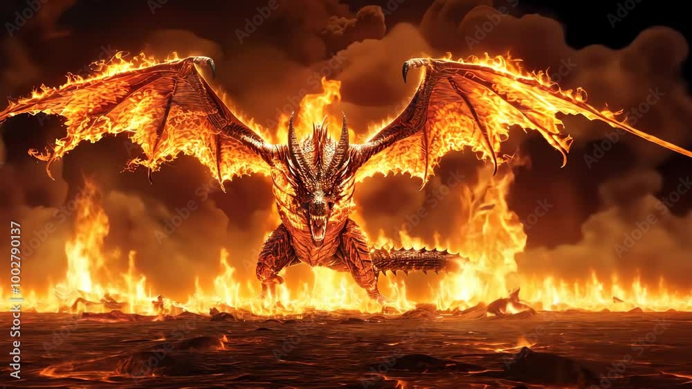 A powerful dragon bursts from intense flames, showcasing its strength amidst the captivating drama of a magical world