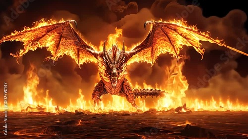 A powerful dragon bursts from intense flames, showcasing its strength amidst the captivating drama of a magical world