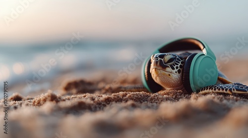 A turtle wearing headphones lounges on the sandy shore under a warm sun, offering a depiction of meditative relaxation and the harmony of sound and nature. photo