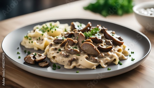 Beef Stroganoff with mushrooms and mashed potatoes.
 photo