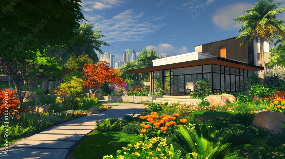 Fototapeta premium Modern city house with a lush garden, wide open sky and copy space available