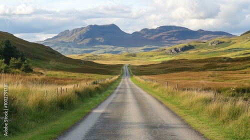 Scenic countryside road leading to a holiday destination, no people, with room for text