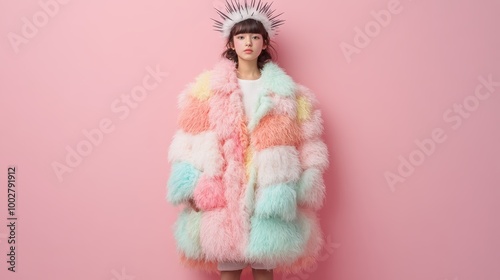 A woman stands confidently against a pink background, wearing a fluffy coat with pastel patches and a striking spiky crown, creating a bold fashion statement. photo