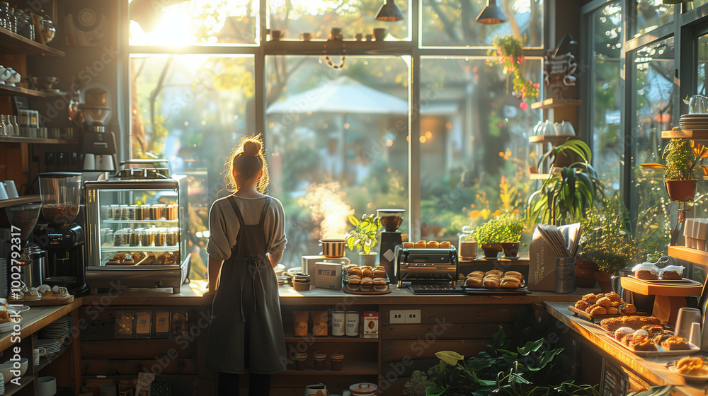 Naklejka premium A Cozy Cafe Interior Bathed in Warm Morning Sunlight