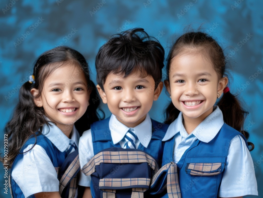 Happy Children in School Uniforms Smiling Together Happy Children in School Uniforms Smiling Together