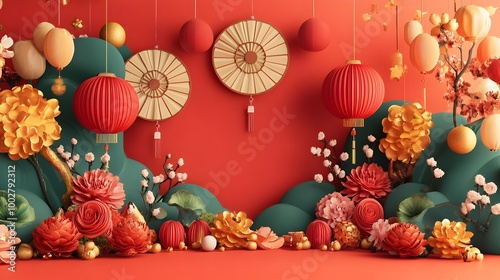 Vibrant and Festive Chinese New Year Backdrop with Bright Symbols and Joyful for Welcoming the Lunar New Year with Auspicious Prosperity and Harmony photo