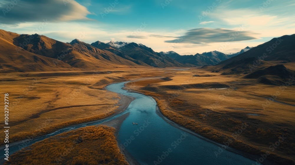 Fototapeta premium A serene river gracefully flows through vibrant golden valleys, surrounded by towering mountains that touch the clear blue sky, capturing nature's tranquil beauty at dusk