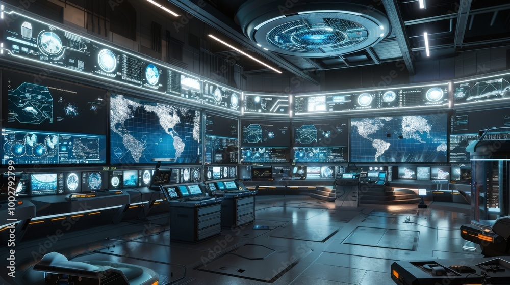 Obraz premium High-Tech Control Room with Large Display Screens