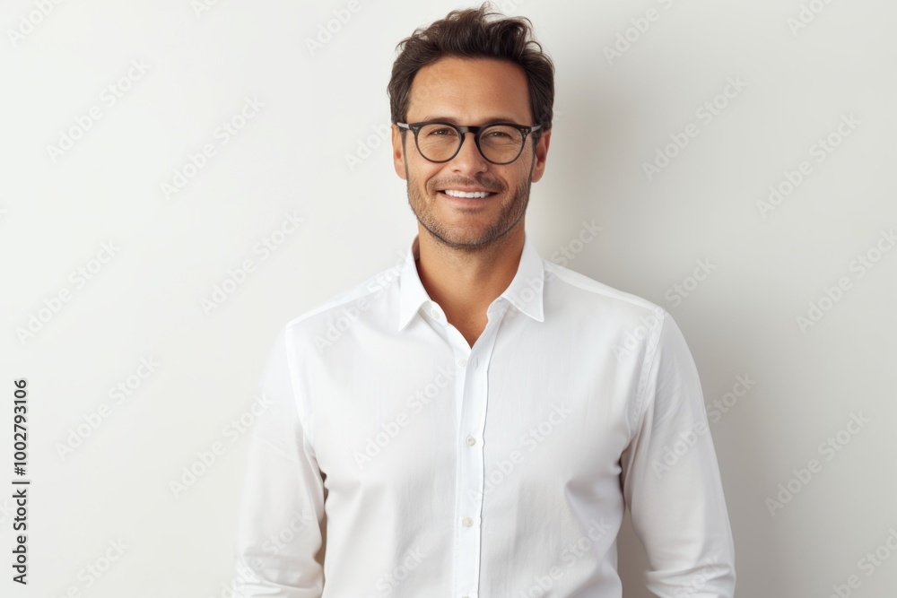 Portrait of a glad man in his 40s wearing a classic white shirt while standing against light wood minimalistic setup Portrait of a glad man in his 40s wearing a classic white shirt while standing against light wood minimalistic setup