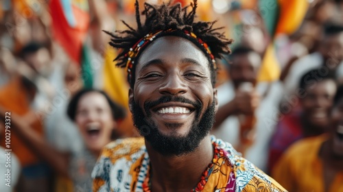 A group of joyfully smiling individuals in colorful traditional attire engage in a cultural gathering, highlighting themes of diversity, unity, and celebration.