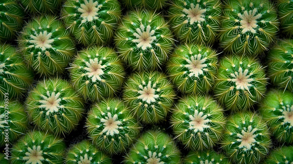 a close-up view of multiple round cacti. Each cactus is green with a pattern of radial white spines, giving them a spiky appearance a close-up view of multiple round cacti. Each cactus is green with a pattern of radial white spines, giving them a spiky appearance