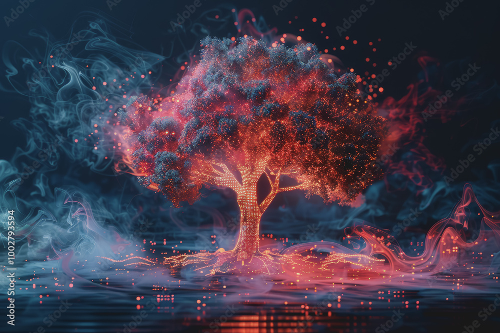 Tree with electronic components and multi-colored smoke, pitch black background. Tree with electronic components and multi-colored smoke, pitch black background.