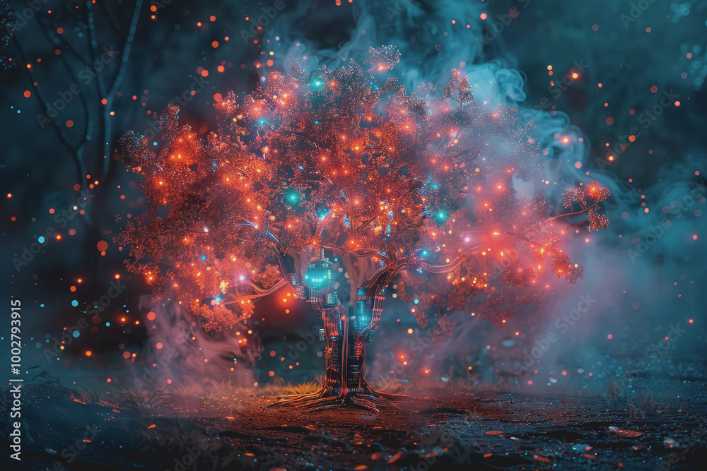 Fototapeta premium Tree with electronic components and multi-colored smoke, pitch black background.