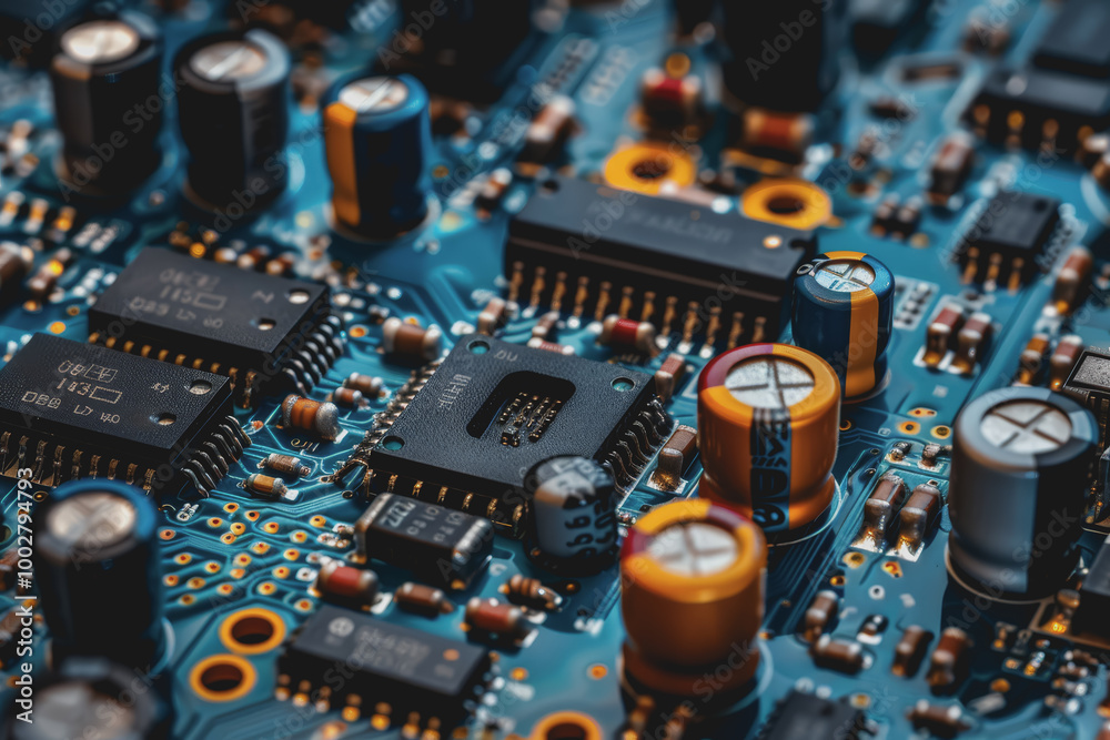 A close-up of a circuit board with many electronic components. A close-up of a circuit board with many electronic components.