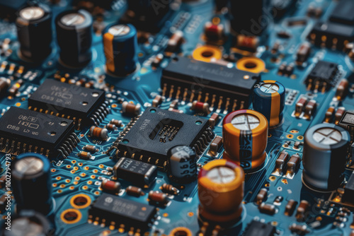 A close-up of a circuit board with many electronic components.