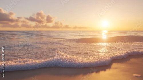 Golden hour on a pristine beach, calm waves washing onto the shore