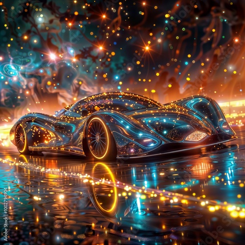 Futuristic Sports Car. Sleek, neon-lit concept car with flowing lines and glowing wheels against a backdrop of colorful light particles.