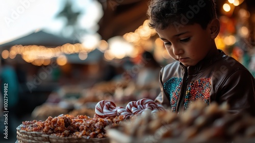 A young boy intently examines an array of candies at a bustling market stall, captivated by the various treats, showcasing innocence and curiosity amidst colorful surroundings. photo