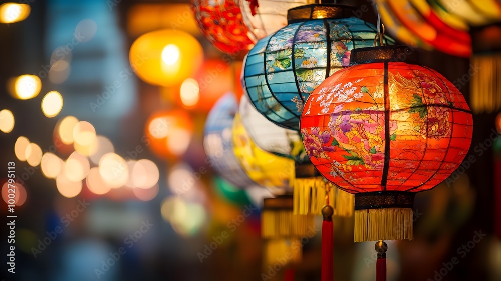 Obraz premium Brightly Lit Festive Chinese New Year Lanterns with Vibrant Celebrating the Lunar Holiday Traditional Chinese culture and joyful with colorful glowing lanterns and auspicious patterns