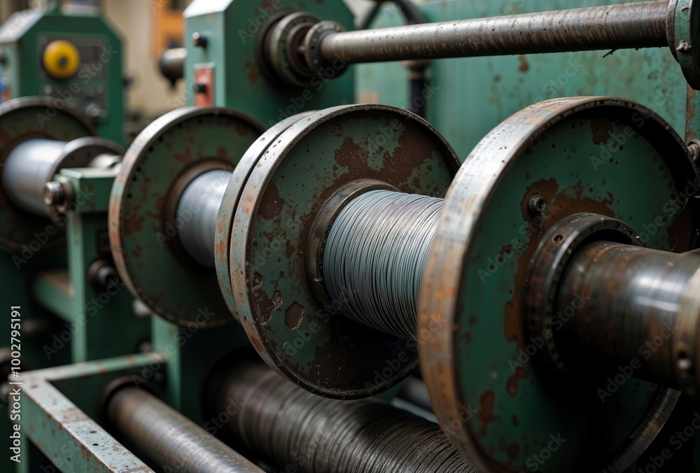 Wire production machinery. Close-up of industrial spools with metal wire being wound in a manufacturing facility, showing wear and aging on equipment. Wire production machinery. Close-up of industrial spools with metal wire being wound in a manufacturing facility, showing wear and aging on equipment.