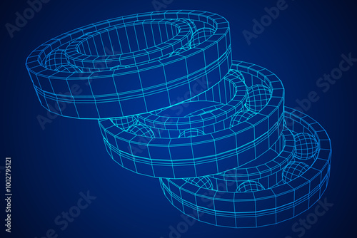 Roller bearing. Circular round rotating bearings used in industry for heavy equipment mechanical work and engineering. Wireframe low poly mesh vector illustration.
