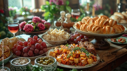 A family gathered around a table enjoying a traditional Georgian meal.