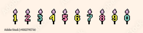 Happy Birthday candle number icon set. Cute event decoration element in pixel art style. Party, celebration colorful design. Vector illustration. Y2k vintage pixel icons. Game abstract collage sticker