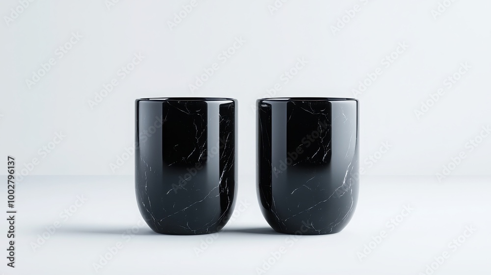 Two elegant black marble mugs on a clean white background, perfect for hot beverages or stylish kitchen decor. Two elegant black marble mugs on a clean white background, perfect for hot beverages or stylish kitchen decor.