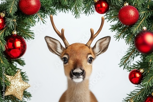 A young deer with antlers peeking through a Christmas wreath with red ornaments.