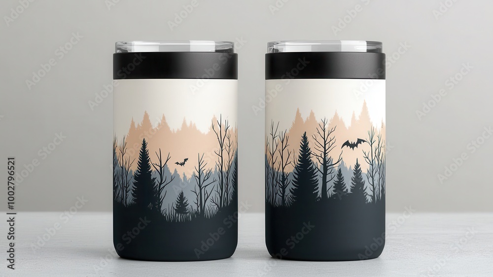 Two travel mugs with nature landscape design, featuring mountains and trees on a subtle background. Two travel mugs with nature landscape design, featuring mountains and trees on a subtle background.