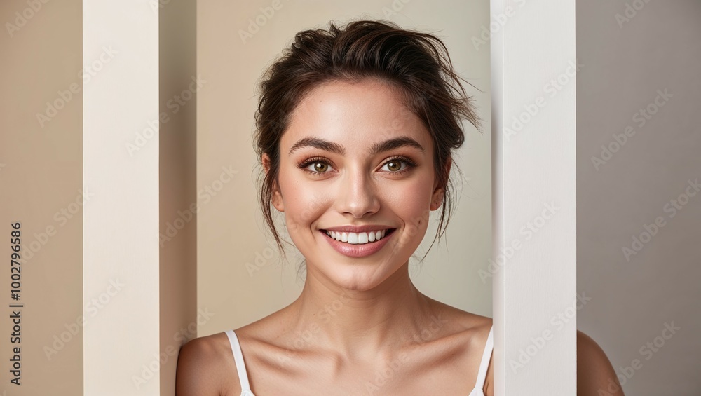 Warm portrait of a young adult woman with inviting expression, set against a soft gradient background, exuding charm Warm portrait of a young adult woman with inviting expression, set against a soft gradient background, exuding charm