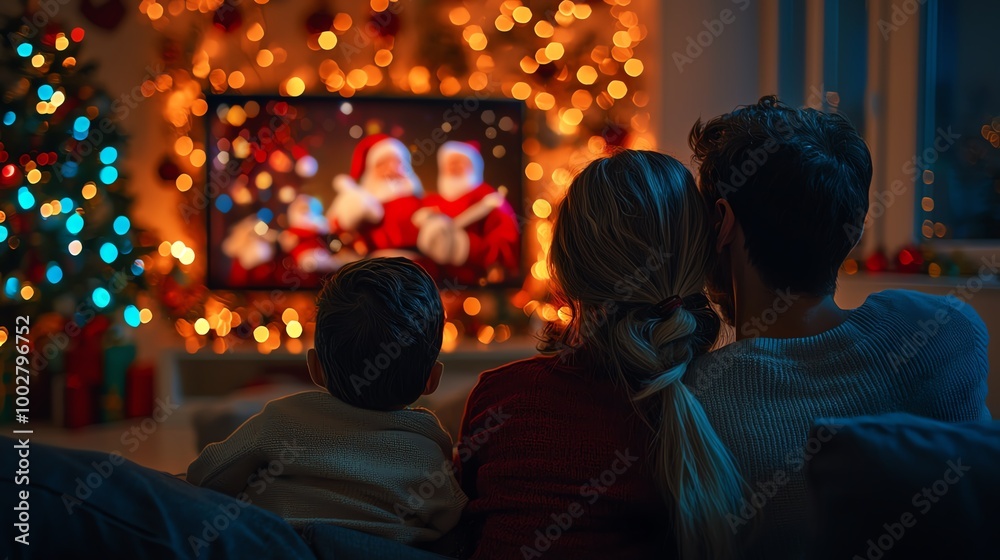 Family watching a holiday special on TV, expressions of joy and nostalgia, festive decorations around the room, warm and welcoming atmosphere Family watching a holiday special on TV, expressions of joy and nostalgia, festive decorations around the room, warm and welcoming atmosphere